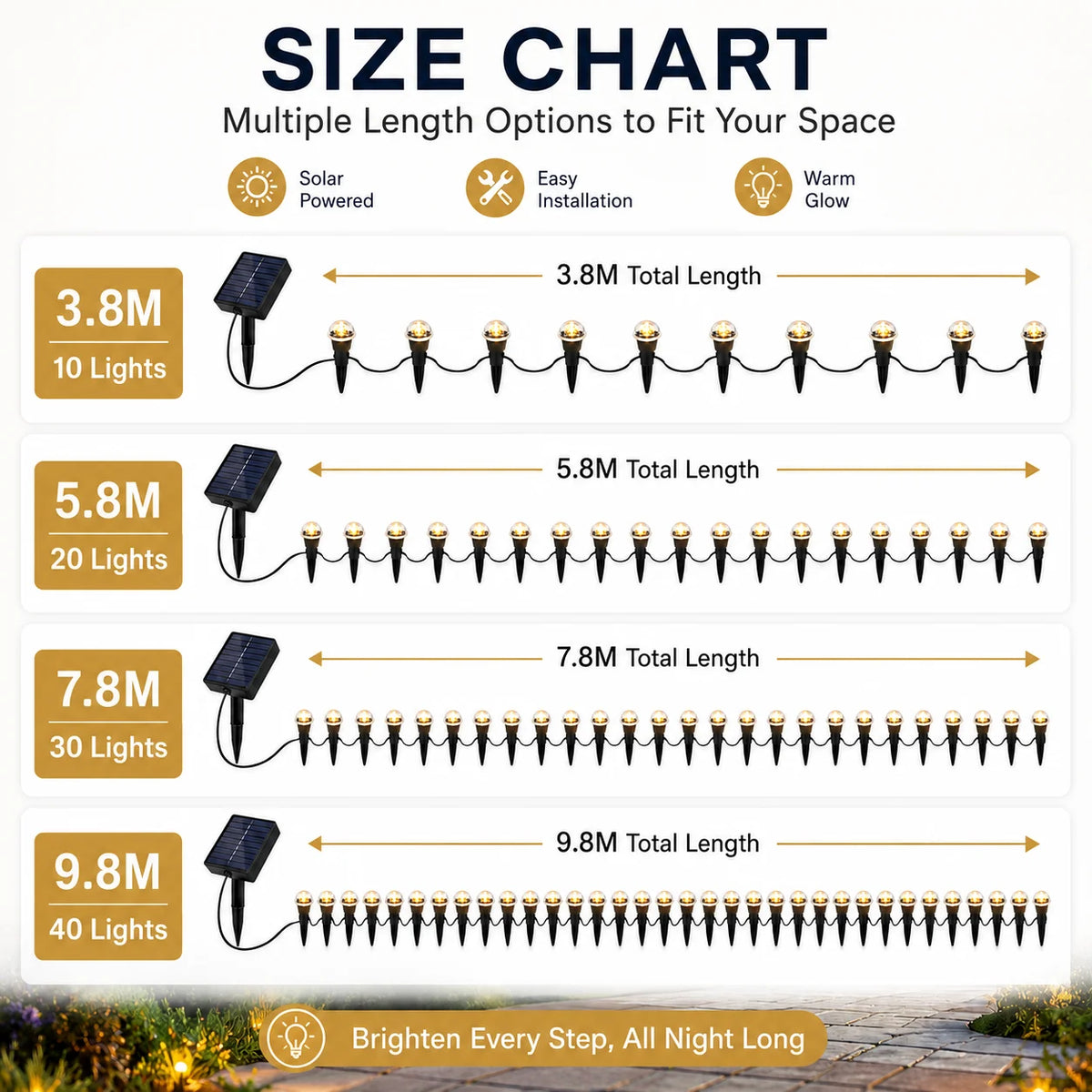 Size chart showing multiple length options for solar LED garden pathway lights
