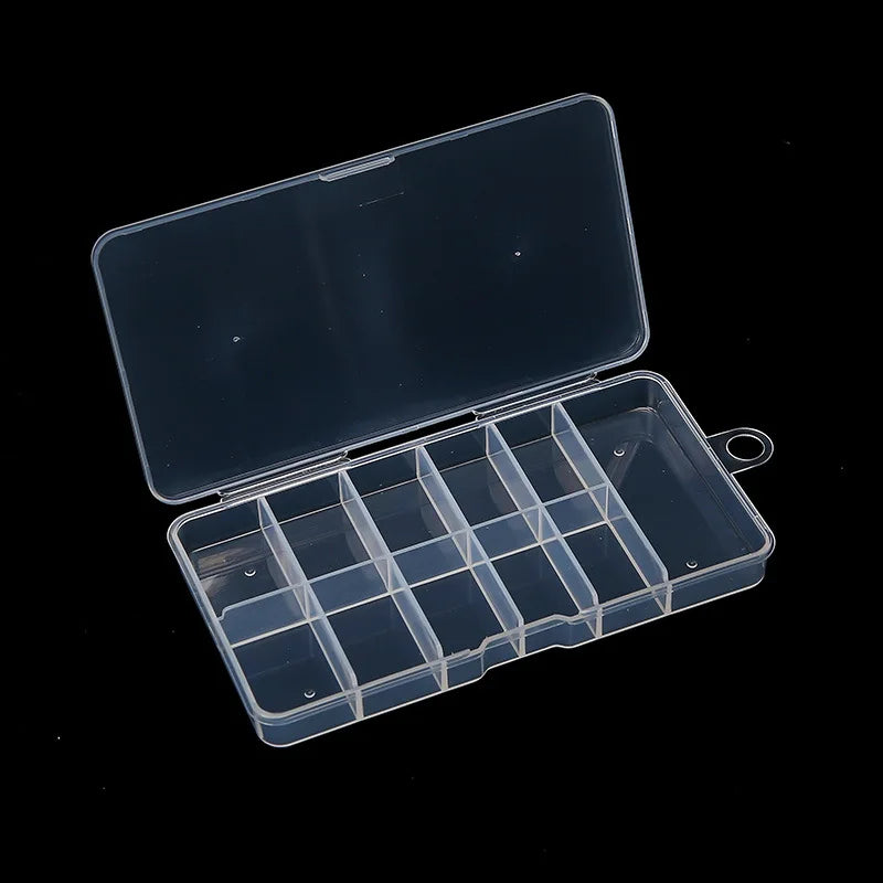 A transparent nail art organizer storage box with a hinged lid and multiple compartments.