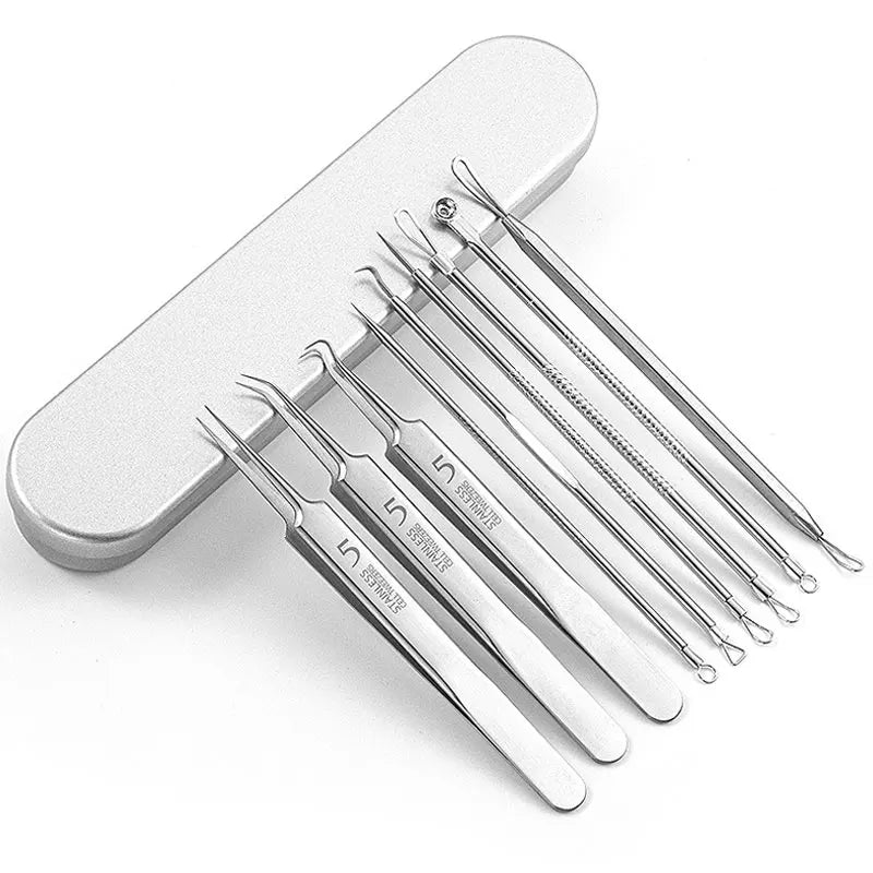 Stainless steel acne and blackhead remover kit with multiple fine pointed tools