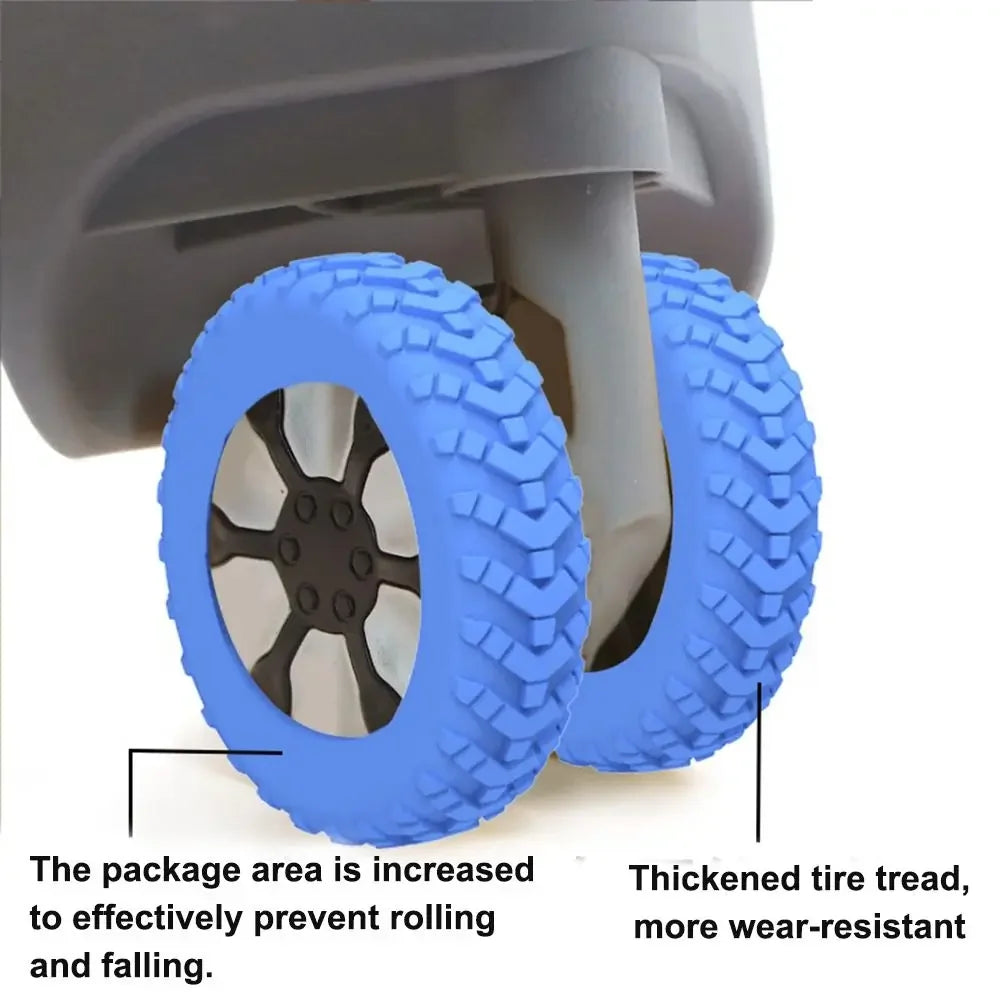 A close-up view of a blue tire with a black rim and thick tread, showing the package area increased to prevent rolling and fa