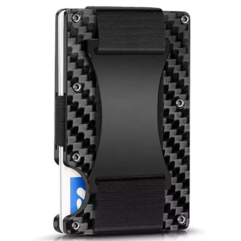 A black carbon fiber slim card wallet for men shown in a vertical view.