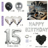 Birthday decor kit featuring black and silver balloons, heart-shaped foil balloons, and number balloons.