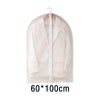 A beige washable clothes hanging dust cover with a rounded top and hanger.