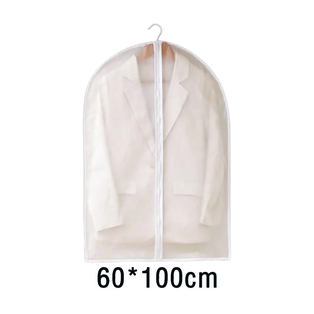 A beige washable clothes hanging dust cover with a rounded top and hanger.