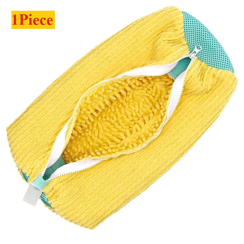 Yellow and teal multi-use shoe cleaning set with brushes and storage bag