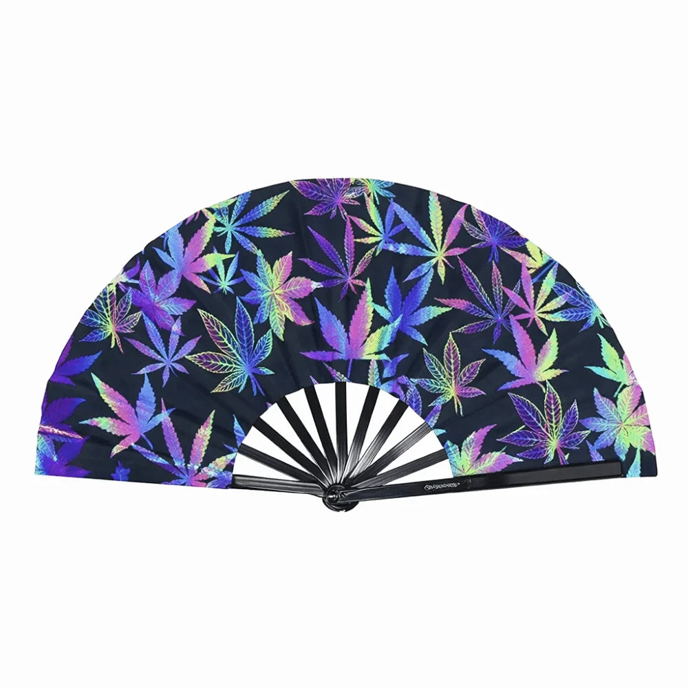 A black hand fan with a holographic gradient pattern featuring purple and green cannabis leaves.
