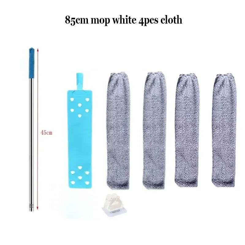 Set of four 85cm mop white cloths and a telescopic handle for cleaning.