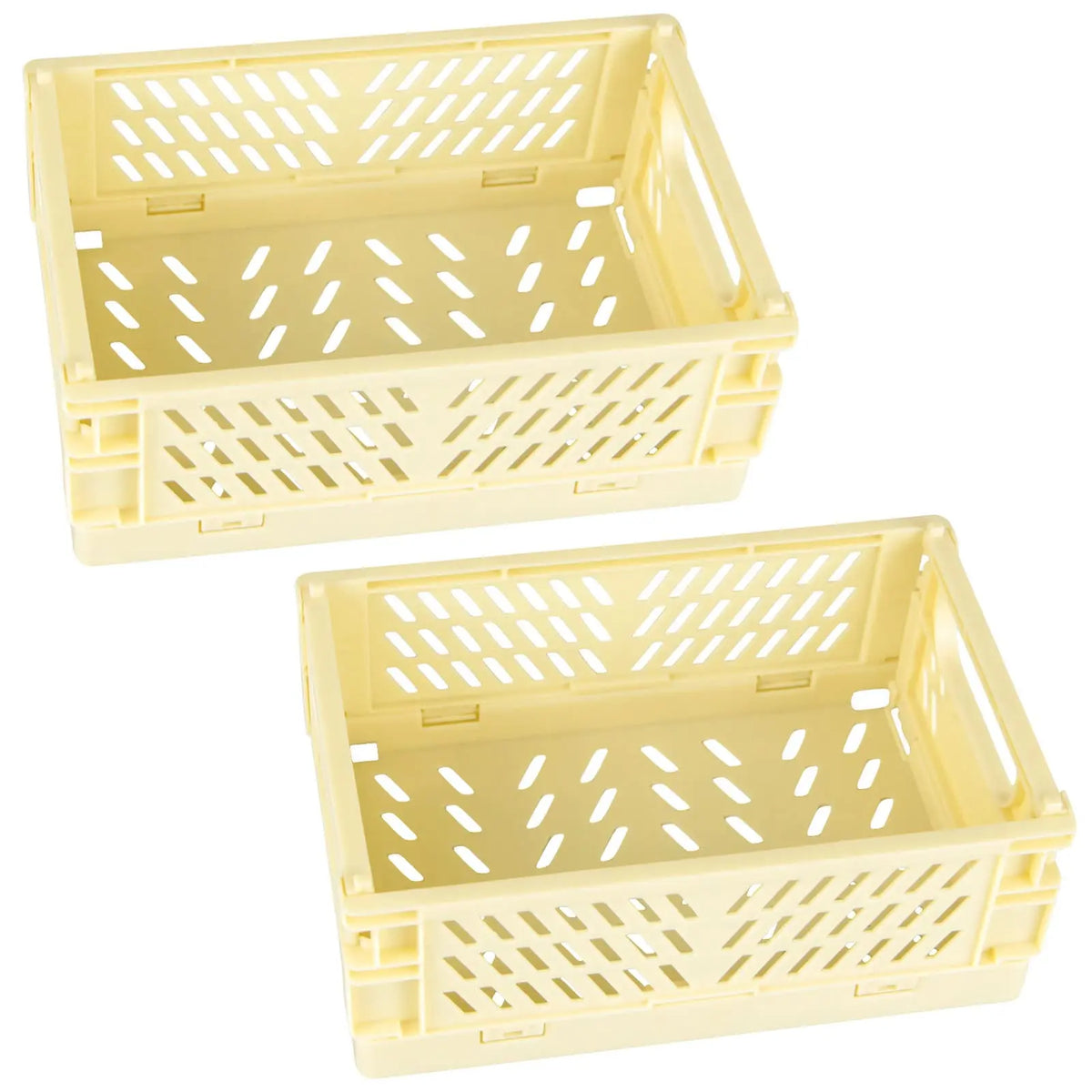 Two light yellow foldable plastic storage baskets with perforated bottoms.