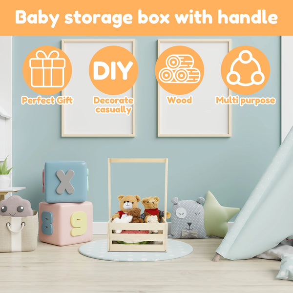 A wooden storage box with a handle is displayed on a light blue wall next to decorative signs and a baby storage box.