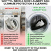 Comparison showing the benefits of using a black laundry bag for protecting shoes in a washing machine.