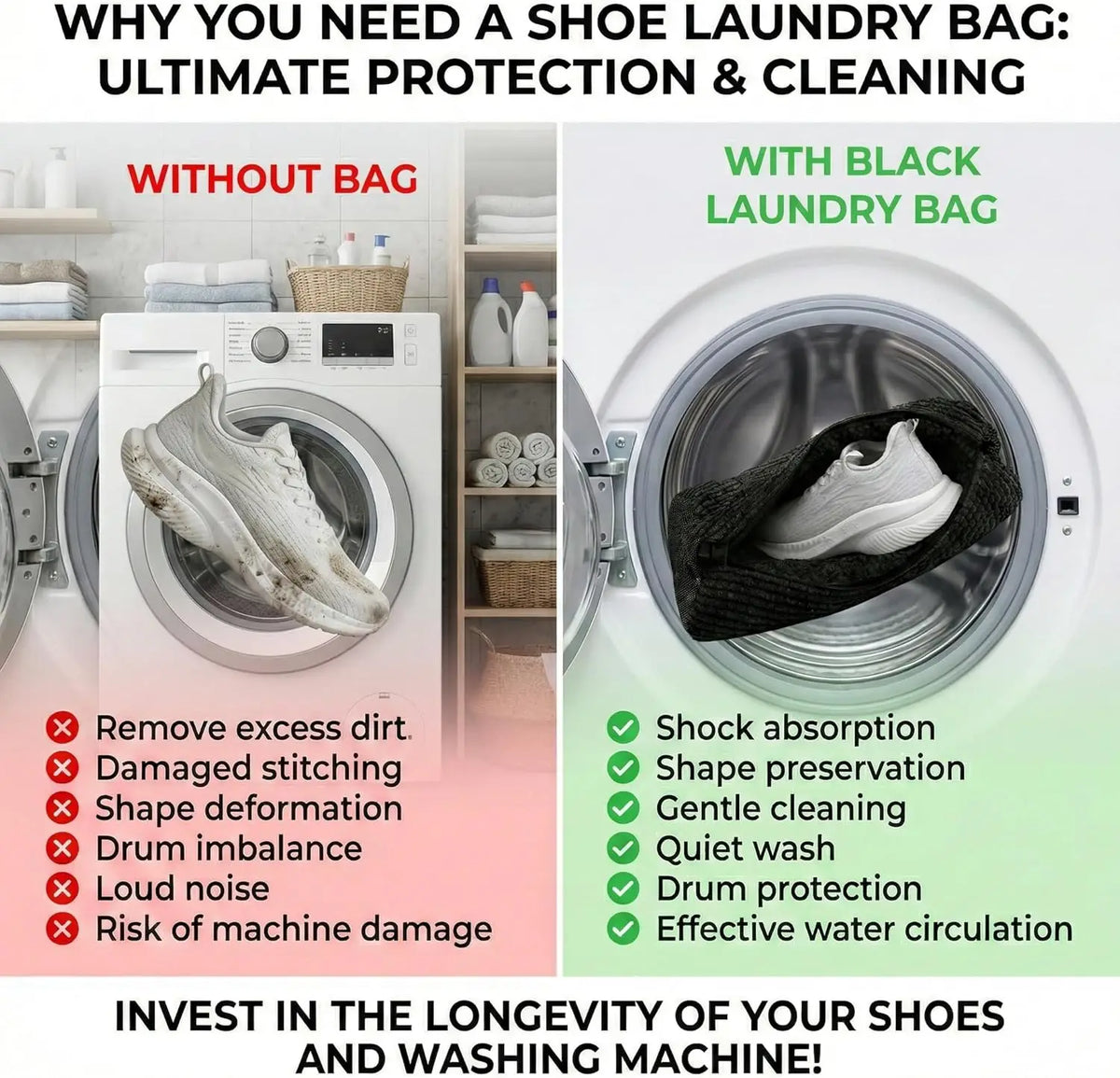 Comparison showing the benefits of using a black laundry bag for protecting shoes in a washing machine.