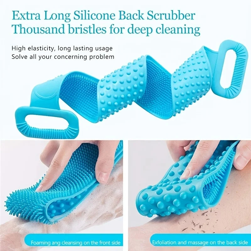 A blue silicone back scrubber with thousand bristles is shown being used for exfoliation and massage on the back side of the 
