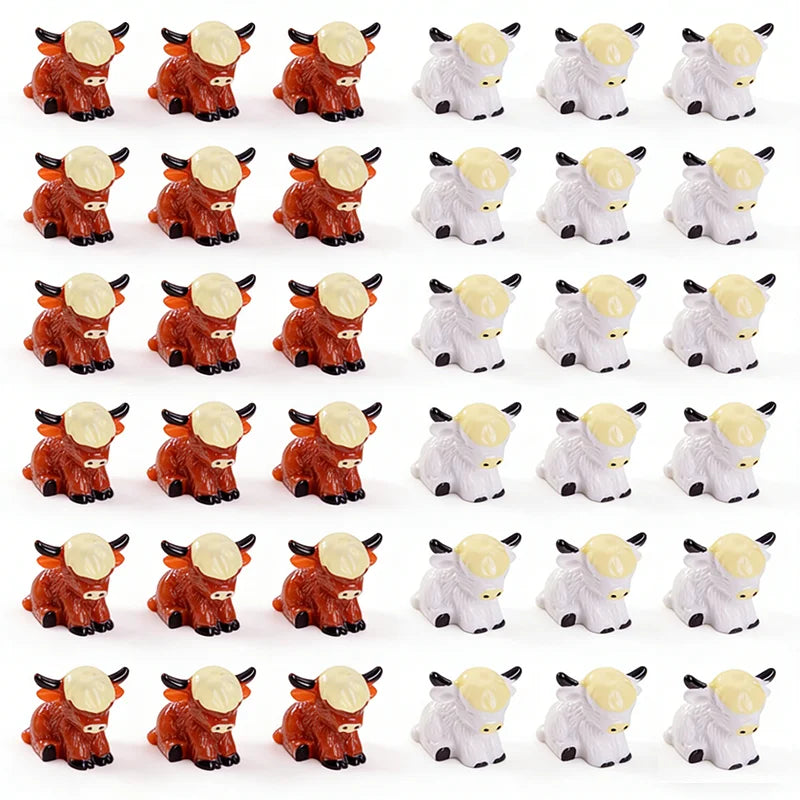 A set of resin figurine decor depicting a Highland cow in various poses and colors.