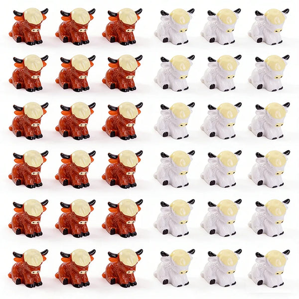 A set of resin figurine decor depicting a Highland cow in various poses and colors.