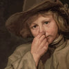 A portrait painting of a young person wearing a wide-brimmed hat, looking intently at the viewer.
