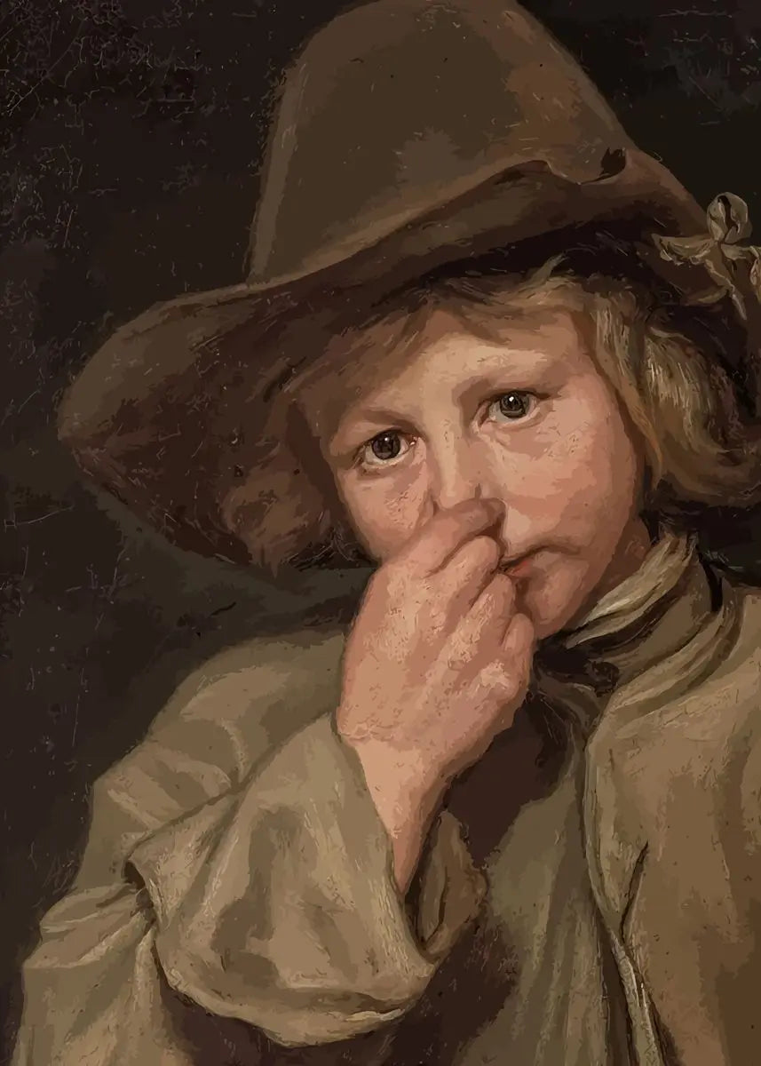 A portrait painting of a young person wearing a wide-brimmed hat, looking intently at the viewer.