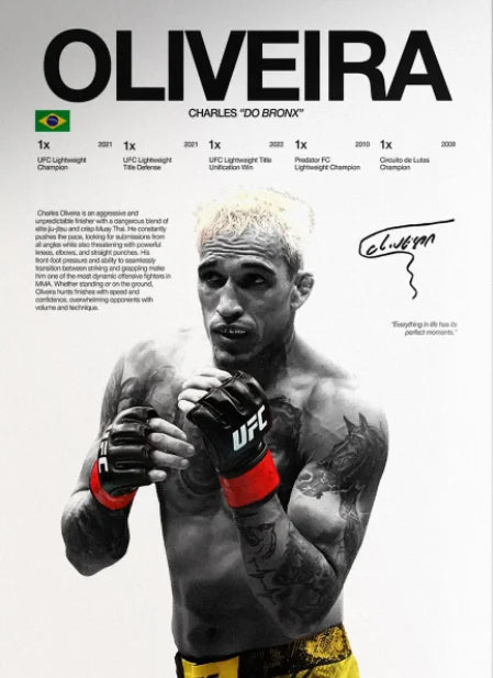 A black and white portrait of Charles 'Do Bronx' Oliveira in an MMA fighting stance.