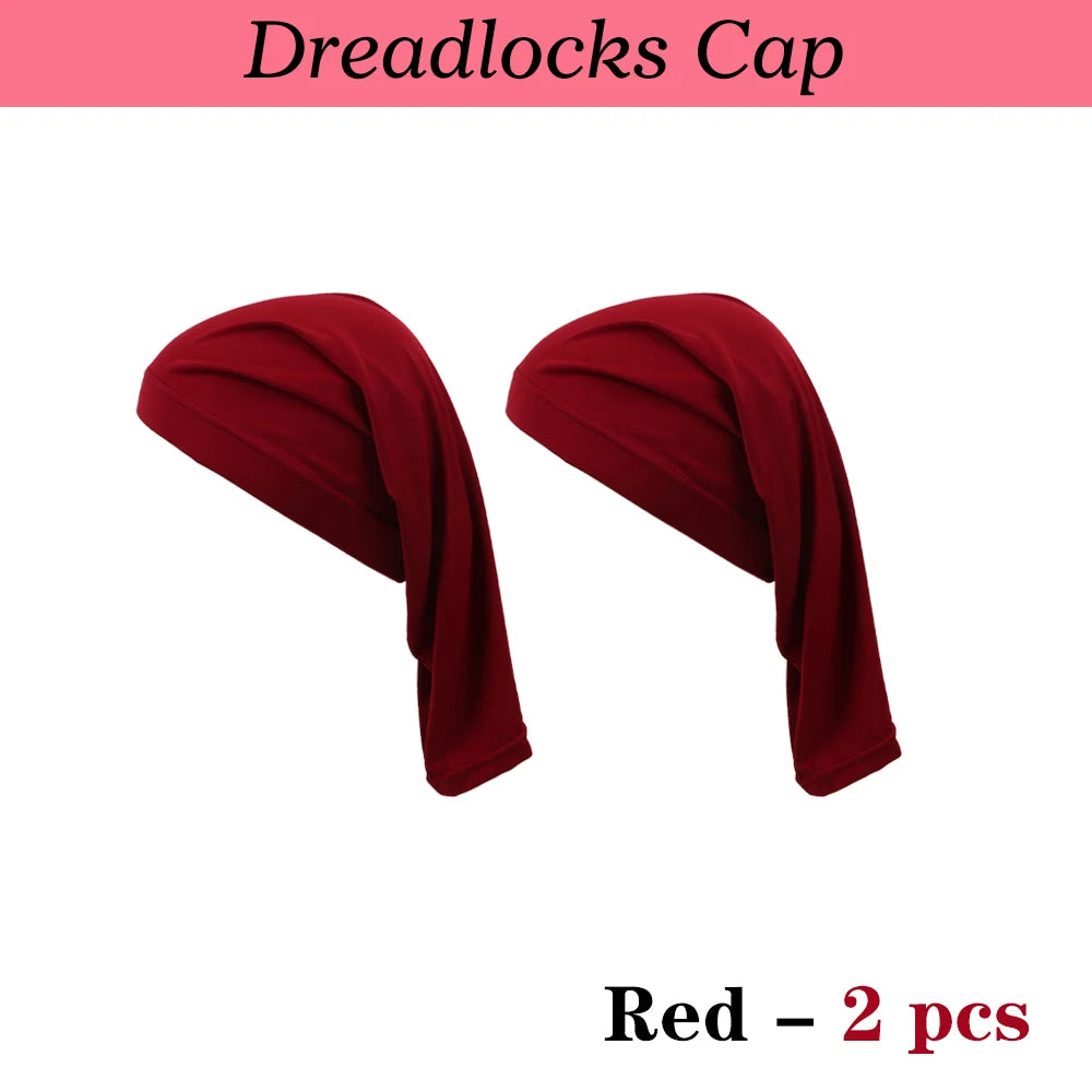 Two red spandex dreadlocks caps shown from the side.
