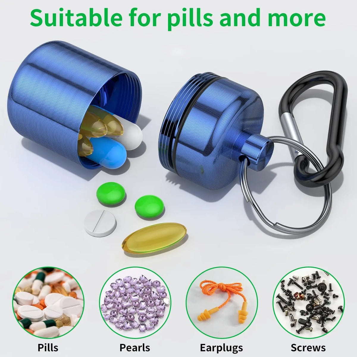 Caja de viaje de aleación de aluminio azul con seguro de seguridad y varios artículos médicos como pastillas, perlas, tapones