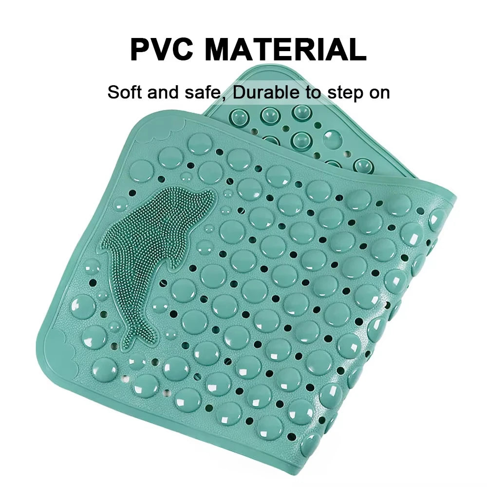 A teal PVC material bath mat shaped like a dolphin, featuring raised dots for non-slip grip.