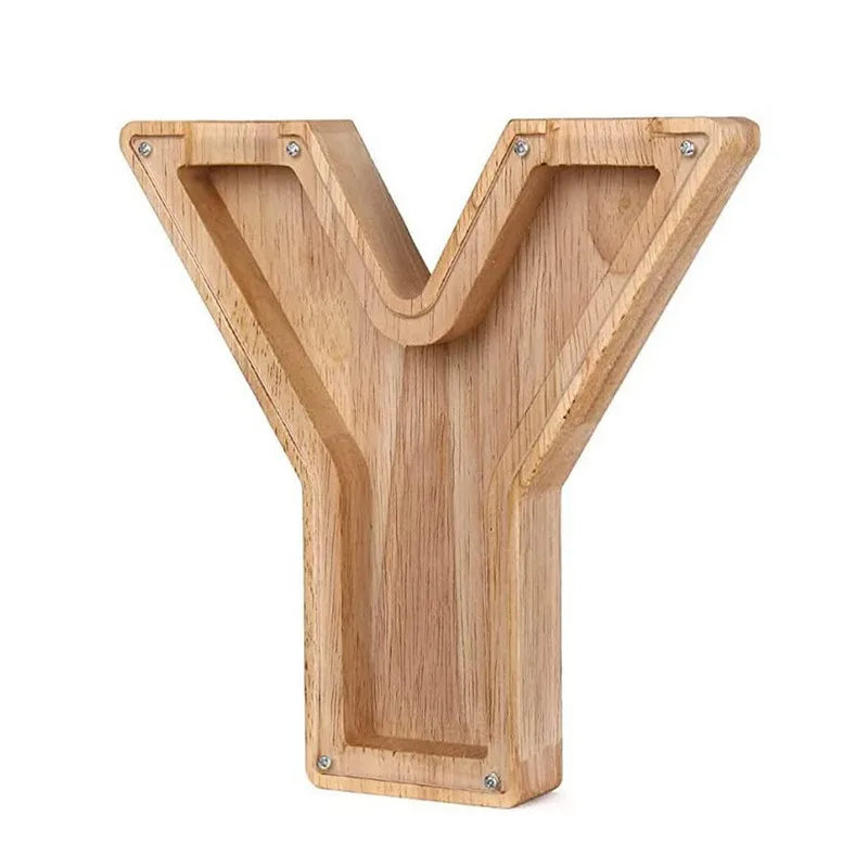 Piggy bank shaped like the letter Y, made of wood, for savings