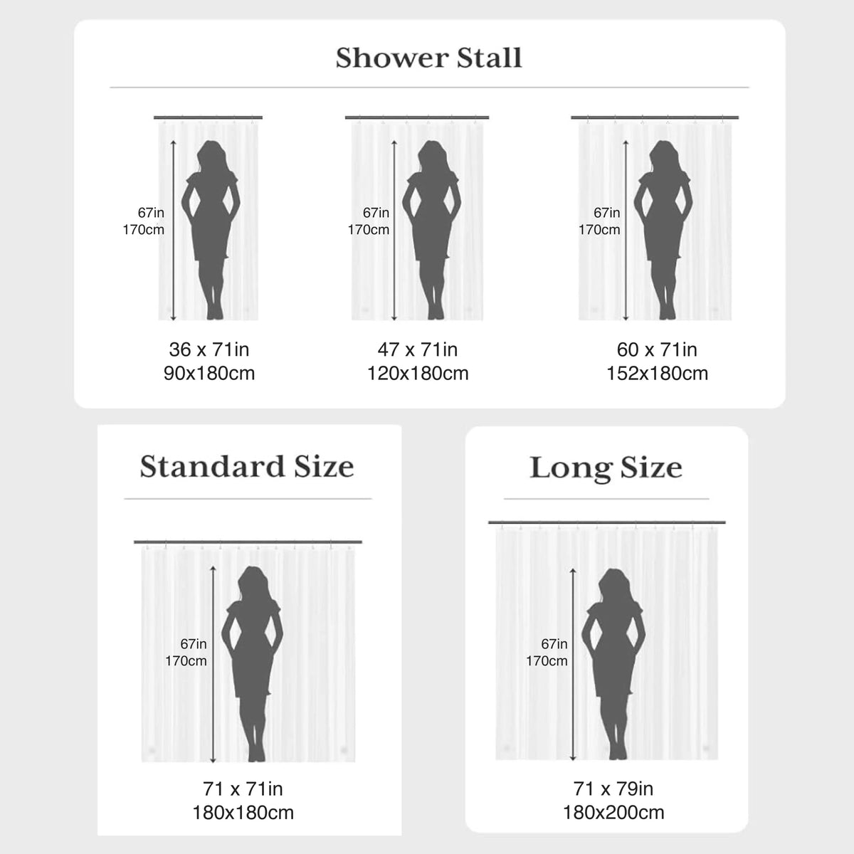 Various sizes of shower stall liners including standard and long size options