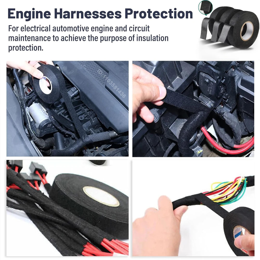 Black heavy-duty electrical insulation tape used for engine harness protection and circuit maintenance.