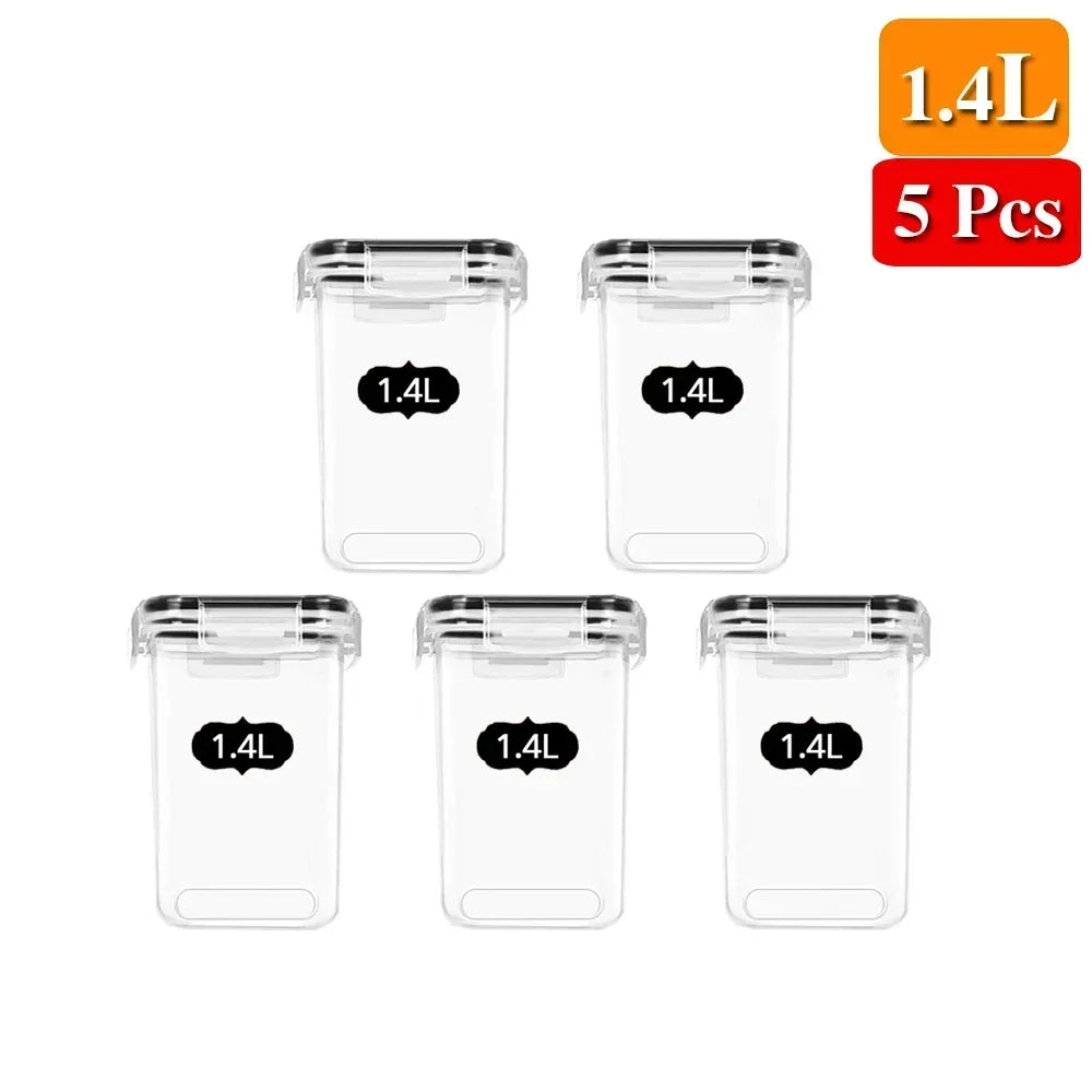 A set of five clear plastic food storage containers with lids, labeled 1.4L each.