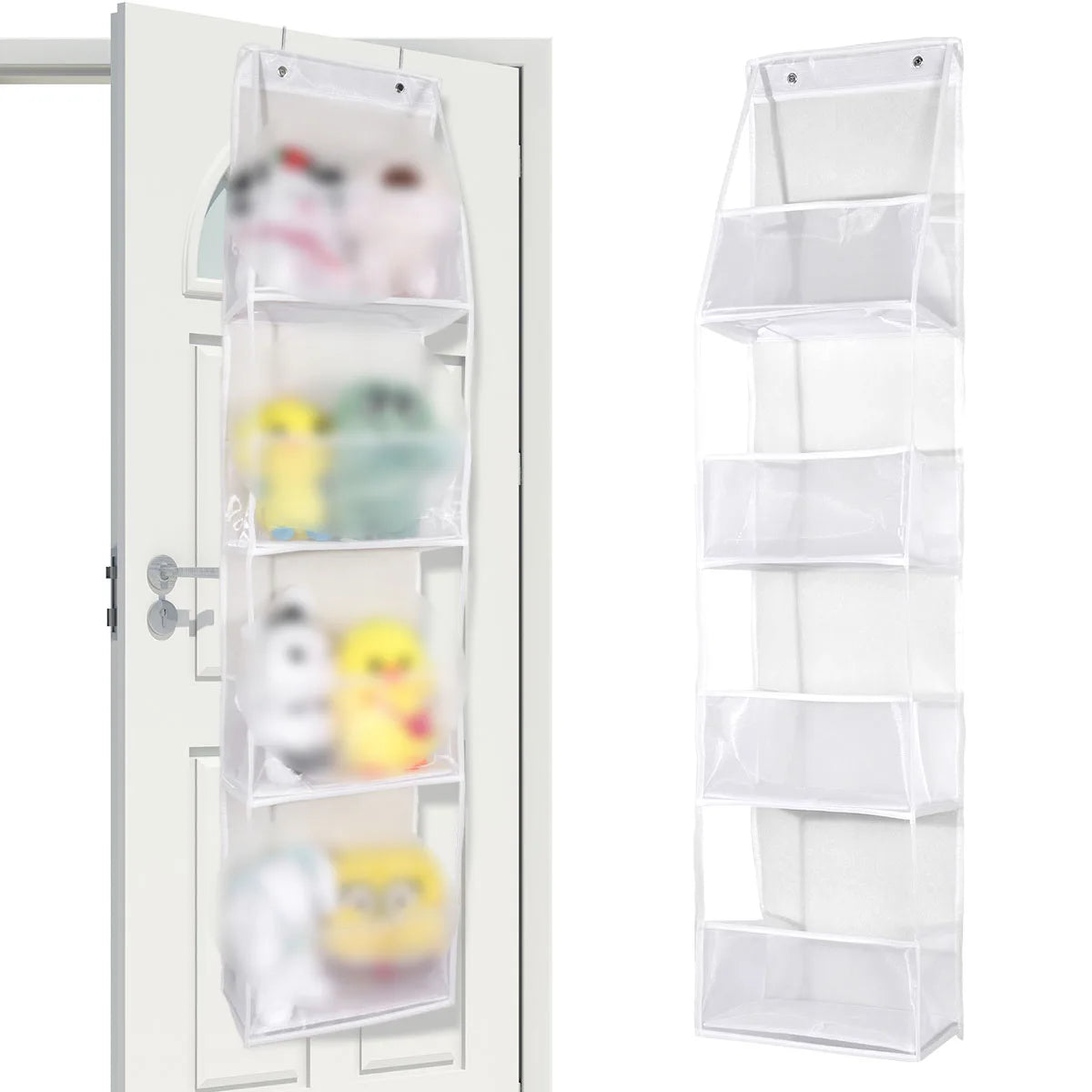 White over-the-door fabric storage organizer with multiple clear pockets for organizing small items