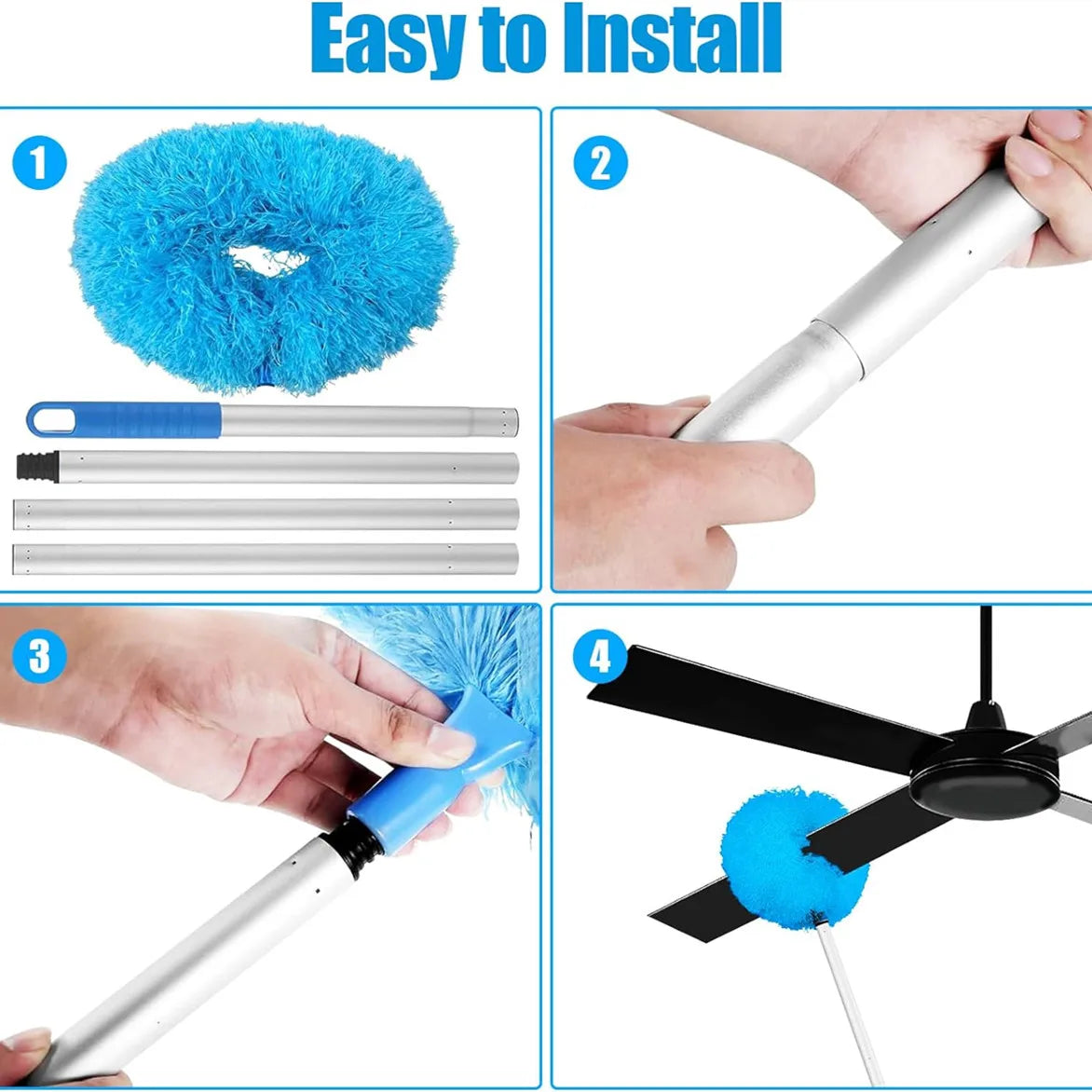 A set of extendable ceiling fan duster tools showing the brush head and various extension rods for easy installation.