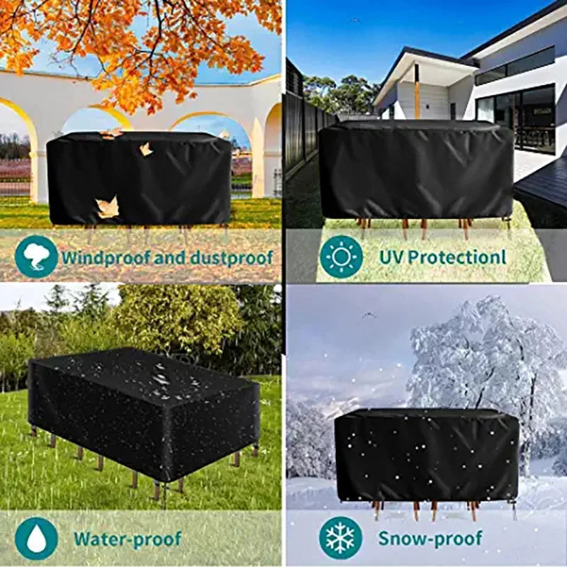 Housse anti-poussière noire et imperméable pour mobilier de jardin, montrée dans divers contextes (herbe, neige, plein soleil