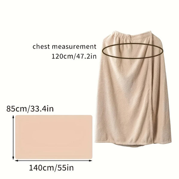 Beige Mikrofasertuch-Bad- und Haartuch-Set mit Maßen für Brust und Länge.