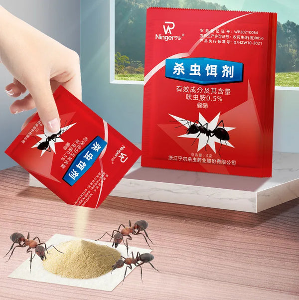 A red packet of ultrasonic ant repellent bait is shown next to several ants and a pile of powder on a wooden surface.