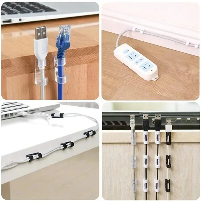 Various heavy duty self-adhesive cable clips and organizers for managing electrical cords and cables.