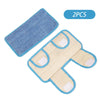 Two reusable microfiber mop pads for hard floors, one blue and one beige.