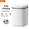 A white 15L touchless sensor trash can with a lid shown next to charging options.