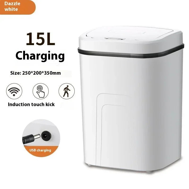 A white 15L touchless sensor trash can with a lid shown next to charging options.