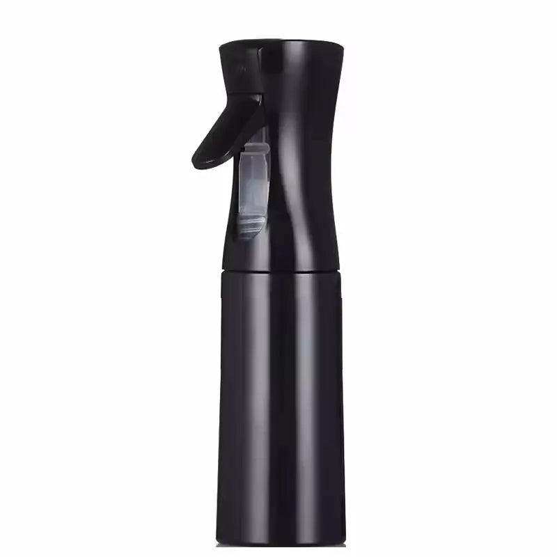 A black refillable 200ml continuous mist spray bottle.
