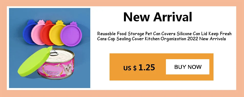 A collection of colorful silicone pet can covers and a canned food item are displayed for sale.