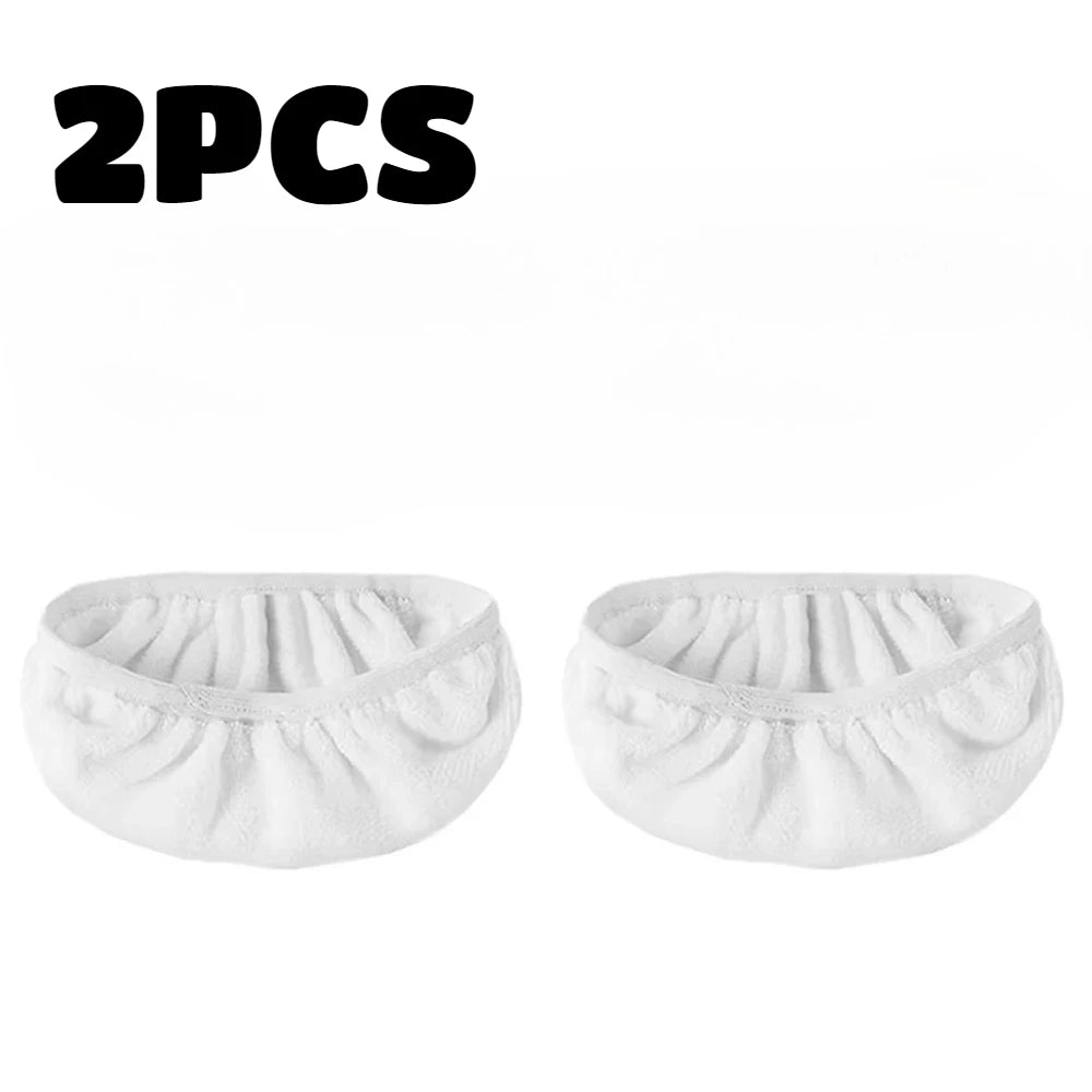 Two white reusable mop replacement cloths shown flat.