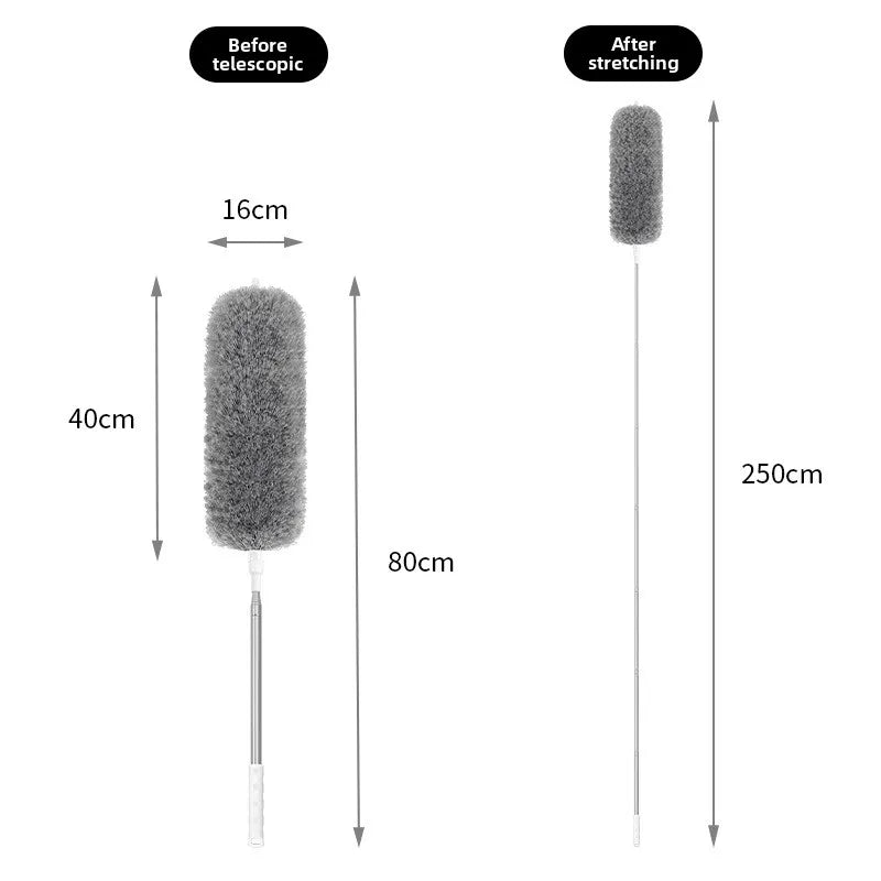 Comparison of an extendable microfiber duster before and after stretching, showing the length difference.