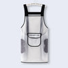 A white waterproof transparent kitchen apron with black trim and a pocket on a light gray background.