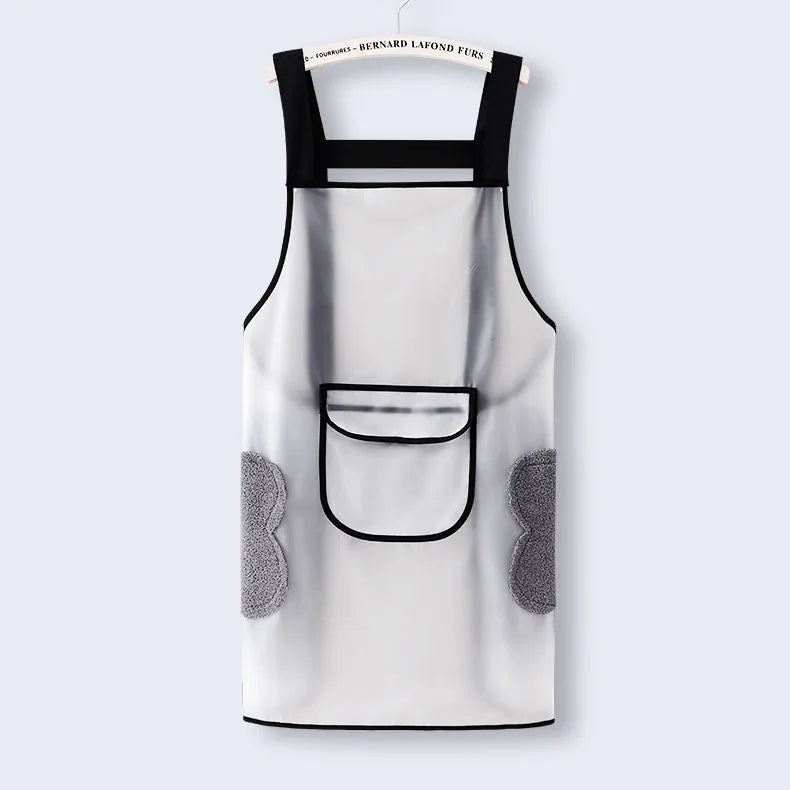 A white waterproof transparent kitchen apron with black trim and a pocket on a light gray background.