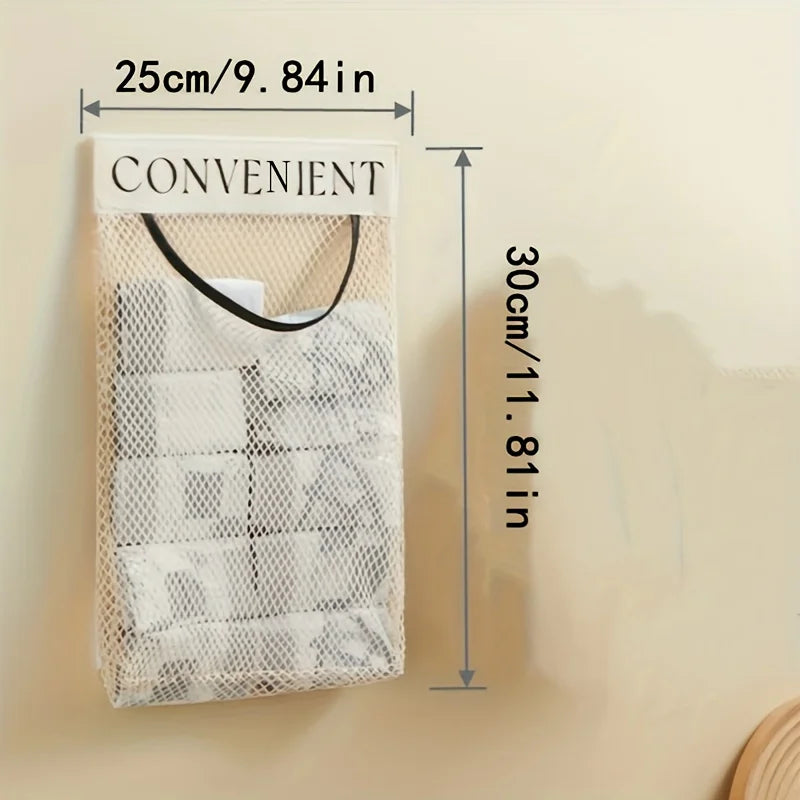 A white mesh bag holder labeled CONVENIENT, measuring 25cm wide and 30cm tall.