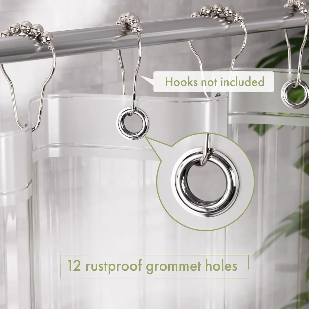 Crystal clear shower curtain with 12 rustproof grommet holes and hooks not included