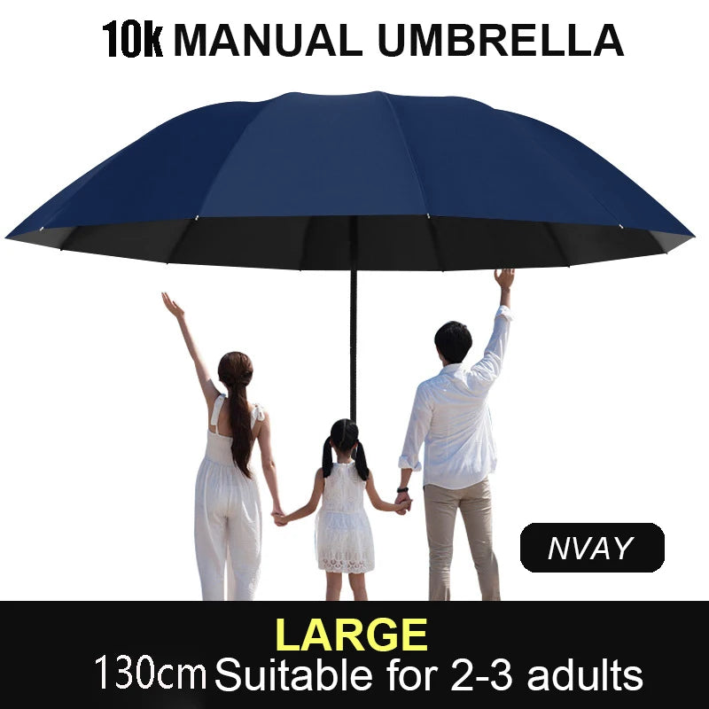 A large navy blue 10k manual umbrella is shown open, with two adults and a child standing underneath it.