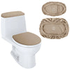 A white toilet seat with a beige velvet protector and tank protector shown next to the individual protectors.