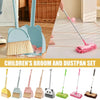 A collection of children's mini broom and dustpan sets in various colors like pink, green, yellow, and gray.