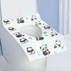 A white disposable printing seat cover featuring a pattern of black panda silhouettes on a light blue background.