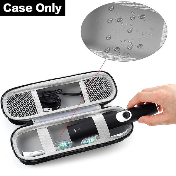 A clear plastic case containing an electric toothbrush and charging cable, shown next to a hand.